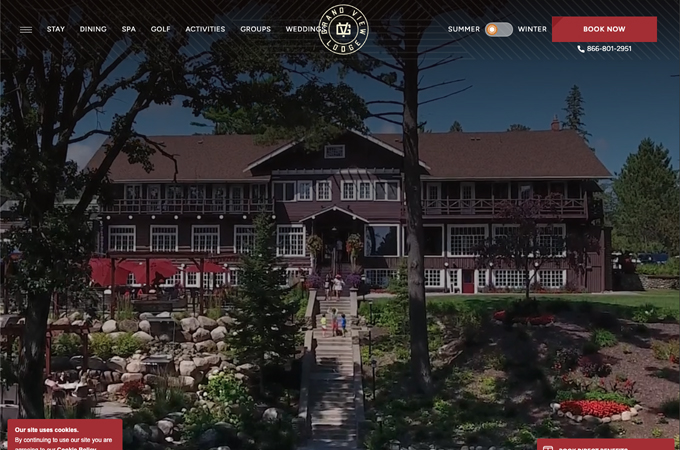 Grand View Lodge: Elevating Rustic Luxury in Minnesota. Featuring full-bleed nature photography, earthy tones, modern booking UX, and immersive storytelling. Driving a 10% increase in bookings. by Milestone Inc.