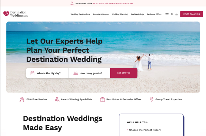 Destination Weddings: A seamless digital platform inspiring dream ceremonies for engaged couples and planners—featuring elegant design, intuitive navigation, visual storytelling, and mobile-optimized layouts for unforgettable celebrations. by Milestone Inc.