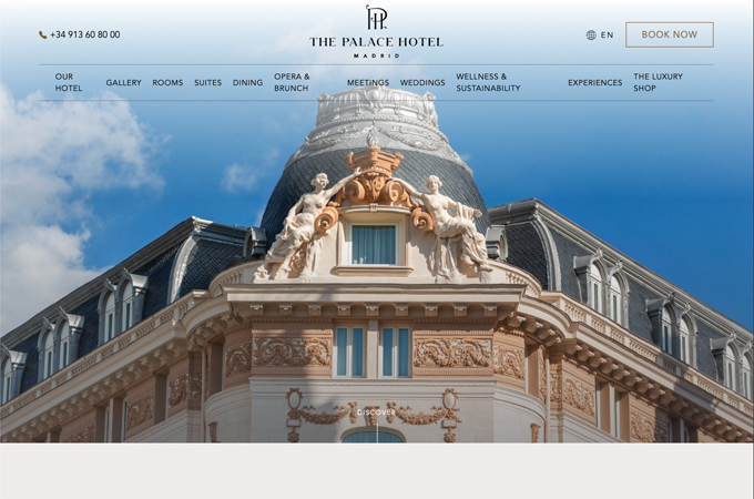 Palace Hotel Madrid: A timeless digital experience blending historic elegance with modern UX. Rich visuals, refined typography, simple navigation, and smooth booking. Subtle animations and curated content elevate the brand and boost revenue 10%. by Milestone Inc.