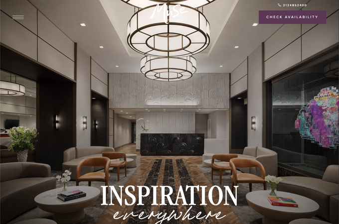The Muse Hotel: A bold, boutique site reflecting Times Square’s energy with full-screen visuals, animated CTAs, and modern typography. Mobile navigation, layered imagery, and interactive elements boost engagement and drive a 48% increase in pageviews. by Milestone Inc.