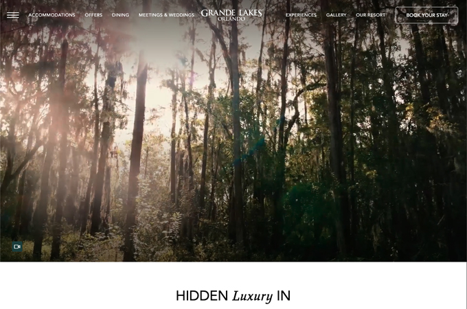Grande Lakes Orlando: Showcasing luxury resort living with immersive full-screen visuals, elegant natural tones, seamless booking UX, and curated storytelling. Highlighting golf, spa, dining, and adventure to boost guest engagement and direct bookings. by Milestone Inc.